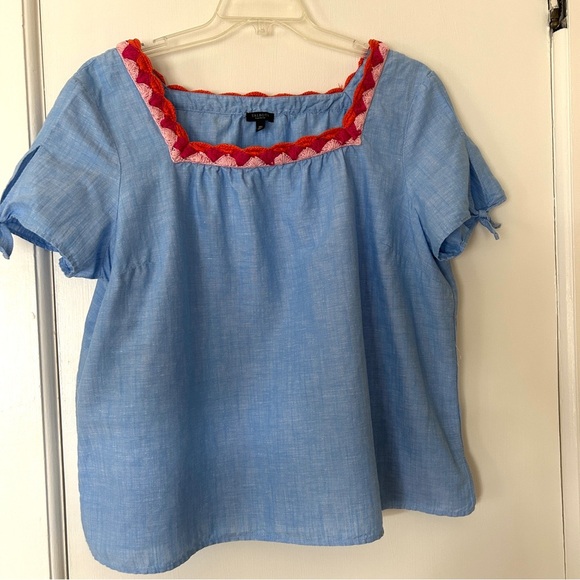 Talbots Blue Linen Top Crochet Trim Pink Coral Short Tie Sleeve Blouse size 2XP - Picture 10 of 16